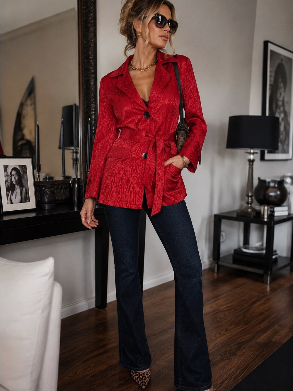 Vtg Chico's Red Textured Tie-Waist Jacket szL approximately 1998–2003